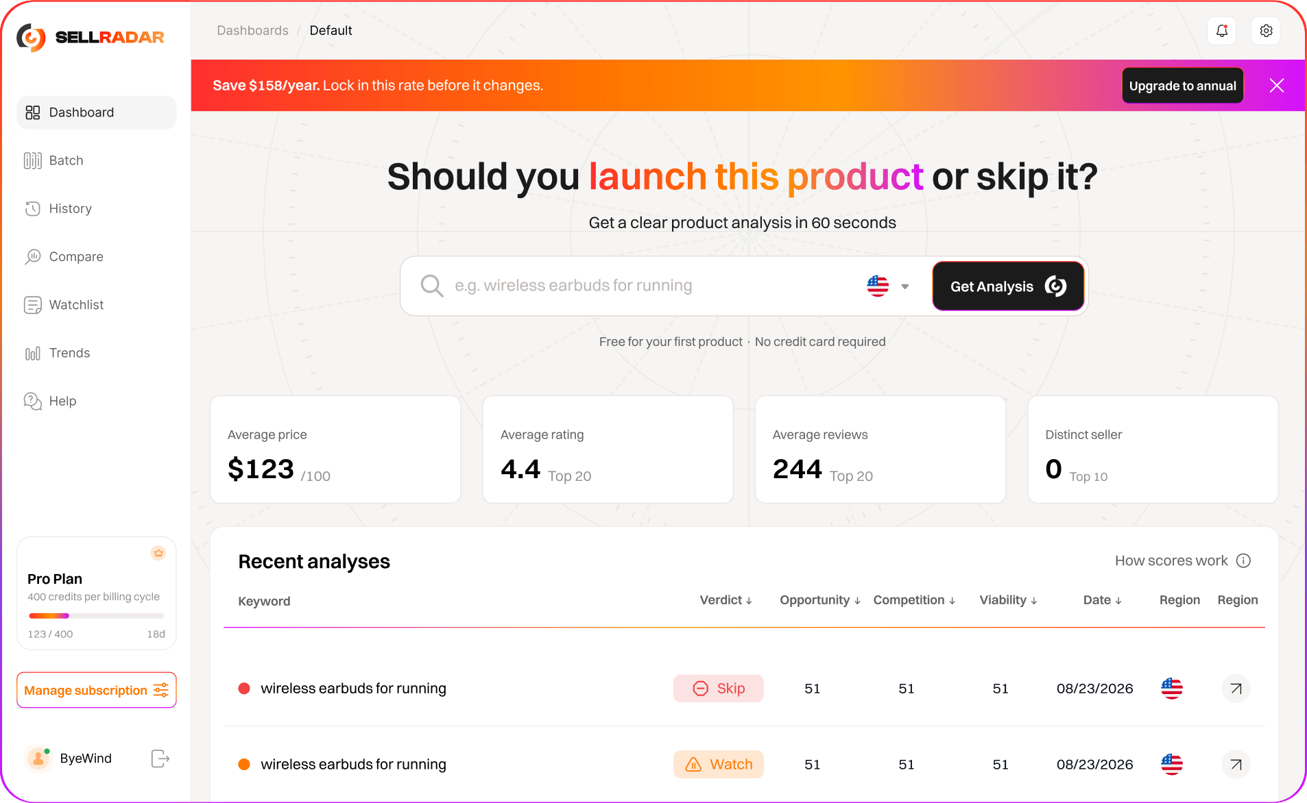 The SellRadar dashboard: a keyword search bar, average price/rating/reviews/seller stats, and a table of recent product analyses with Launch, Watch, and Skip verdicts.