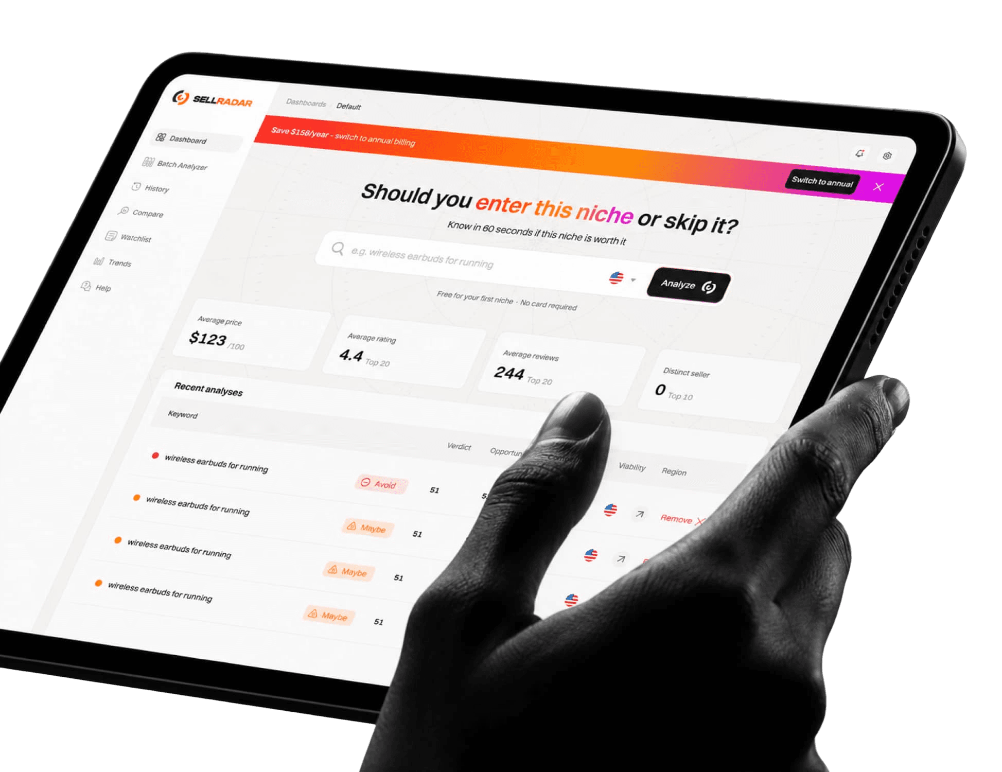 A SellRadar niche analysis open on a tablet